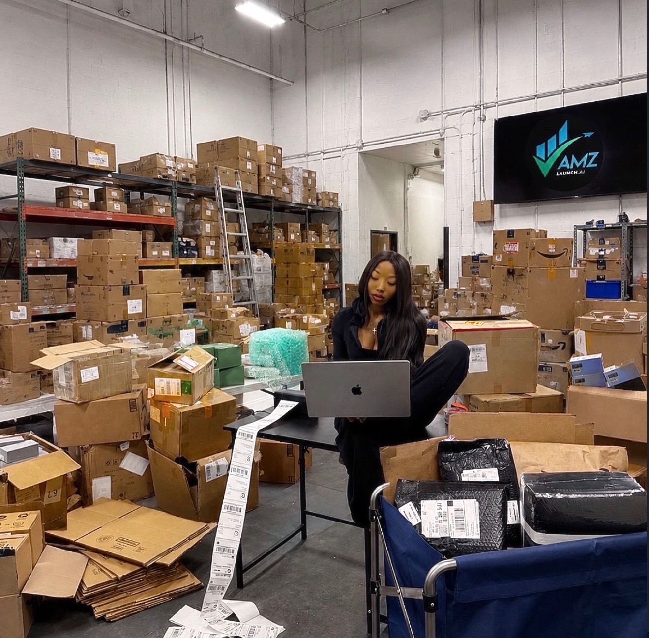Monrae Hou working in her fulfillment warehouse